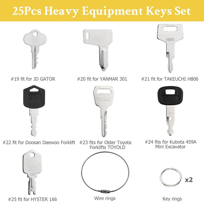 Tecreddy 25 Heavy Equipment Keys, Master Key Set for Cat Caterpillar John Deere Case Bobcat JLG JCB Volvo Hyster Ford New Holland Yanmar Takeuchi Kubota Komatsu Construction Heavy Equipment Machine - Image 5